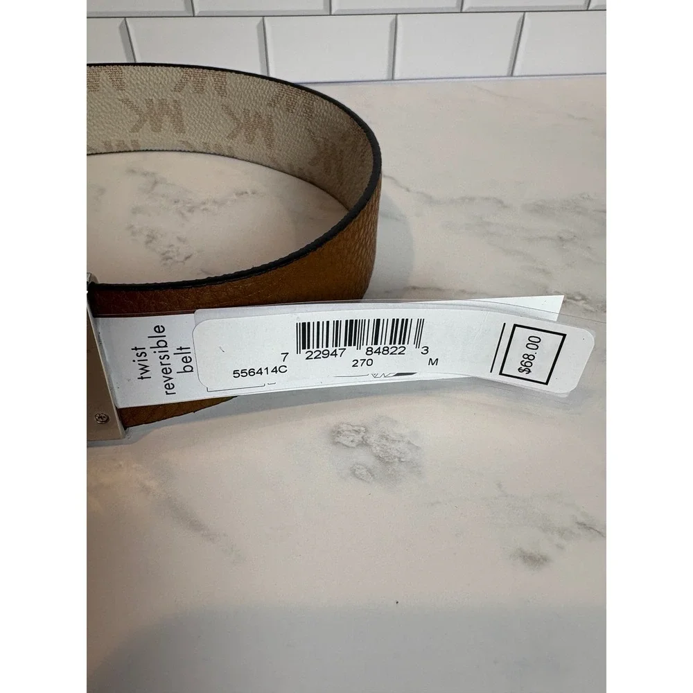 Michael Kors‎ Reversible Belt MK Logo Vanilla Brown Leather Silver Buckle